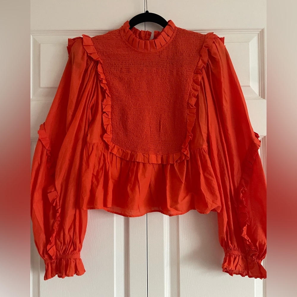 Farm Rio Cotton Ruffled Orange Blouse